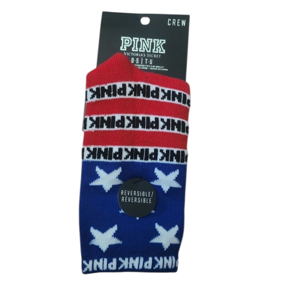 Victoria's Secret PINK Red White Blue Crew Socks Patriotic Reversible Rare USA